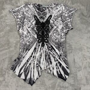 Unity World Wear Shirt Womens 3X Plus White Black Paisley Asymmetrical Coquette